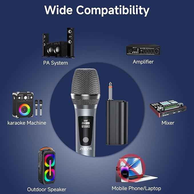 JYX Wireless Microphone, Professional UHF Metal Handheld Dynamic Mic System with Rechargeable Receiver 1/4''(6.35mm) Plug for Amplifier, PA System, Karaoke Singing, Wedding, Party, Speech, Class