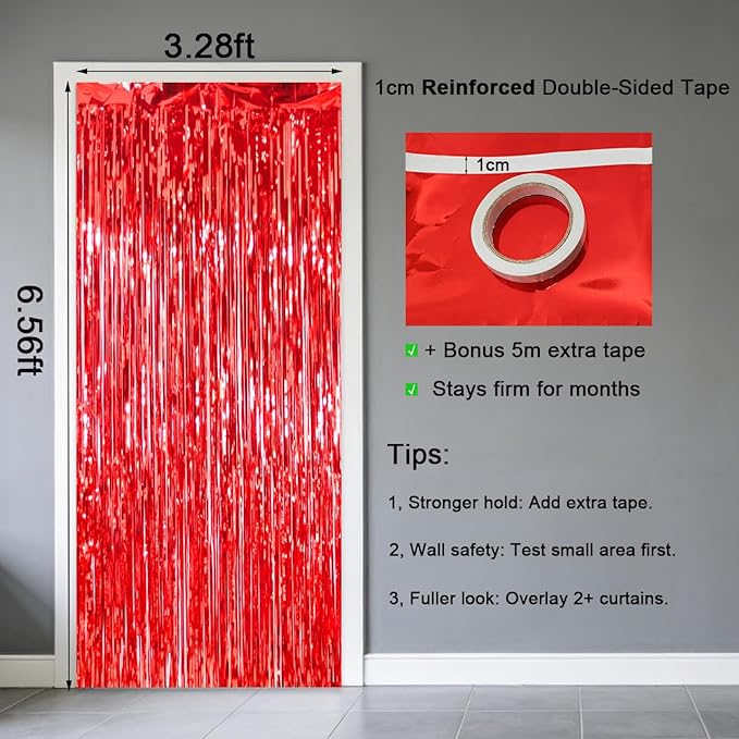 2 Pack Thickened Red Metallic Foil Fringe Curtains Streamer Rip Resistant Shimmer Tinsel Photo Booth Backdrop for Birthday Wedding Christmas Bachelorette Party Decorations 3.28ft x 6.56ft