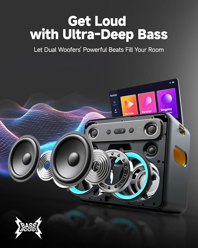 Professional Karaoke Machine for Adults, PA System, 300W Speaker with Built-in Screen with Lyrics Display with Self-Charging 2 Micphones，Support WiFi AUX HDMI for TV Projector