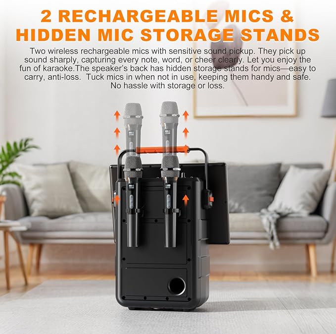 Portable Bluetooth Karaoke Speaker with 14.1” HD Screen, Wireless Screen Mirroring for iOS & Android, 2 Wireless Rechargeable Mics, AUX/USB/TF Card, Dynamic Lyric Display via Bluetooth, Ideal for Home