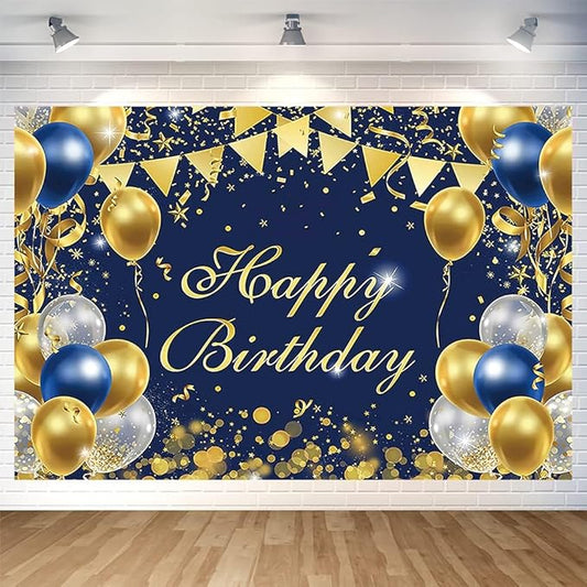 Blue Gold Birthday Party Backdrop Blue Gold Happy Birthday Banner Photography Background for Home Decorations Party Supplies 70.8 x 47.2 Inch