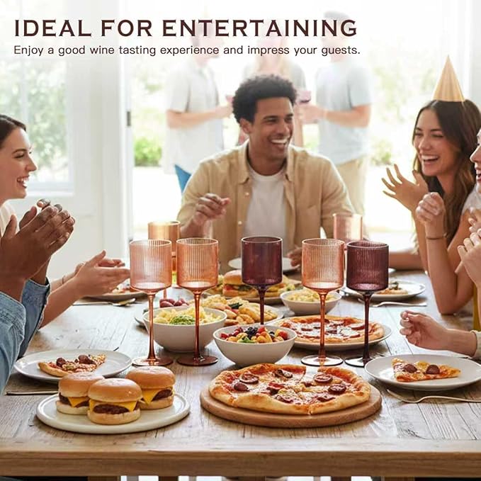 Melanin Colored Square Wine Glasses Set of 6, Elegant Ribbed Design Amber Crystal Glassware with Long Stem, 11.5oz Hand Blown Red & White Wine Stemware For Home Bar Deco,Party,Wine Dinner- Multicolour