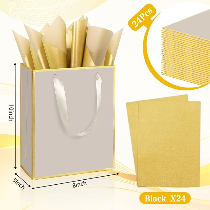 Epoesch 24 Pack Gift Bags with Handles & 24 Tissue Papers – 8x5x10 Inches | Champagne with Gold Edge for Birthday, Weddings, Baby Showers, Holidays, Christmas, Thank You & Welcome Gifts - Image 2