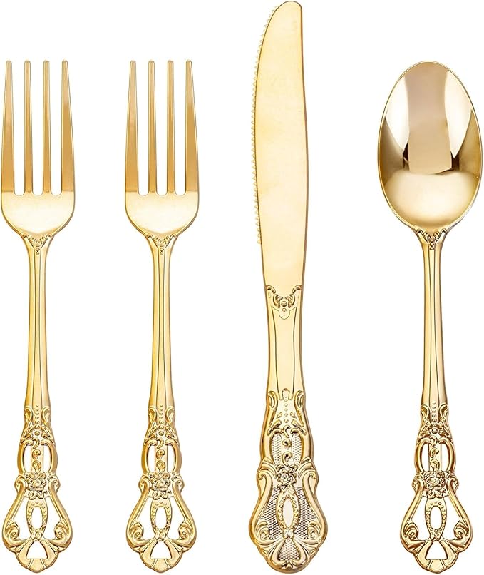 200PCS Gold Plastic Silverware - Heavy Duty Elegant Disposable Utensils - Gold Plastic Cutlery Set Includes 100Forks, 50Spoons, 50Knives for Dinner, Parties, Weddings