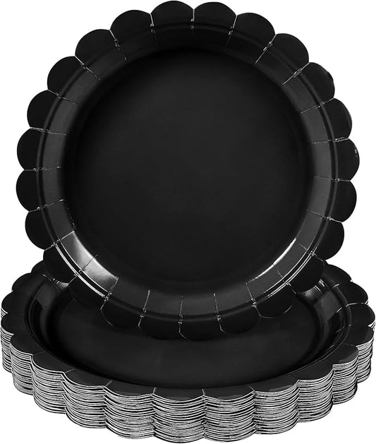 30 Pcs Black Paper Plates, 9 Inch Scalloped Disposable Black Plates Cute Dessert Dinner Plate for Wedding, Birthday, Picnic