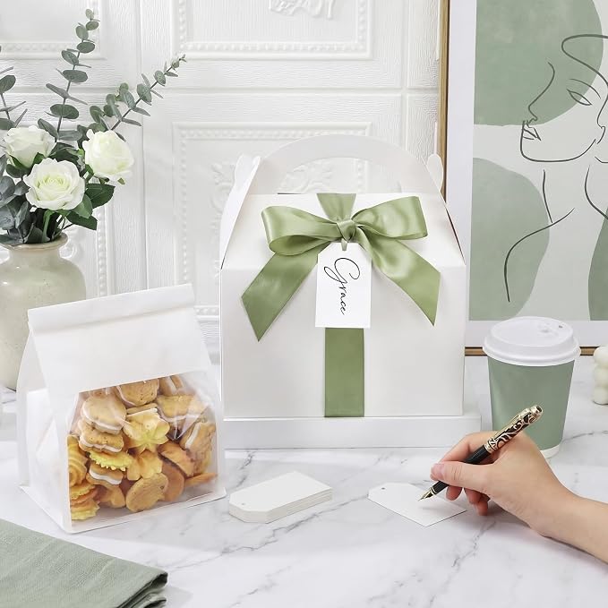 Maitys 50 Set Large Gable Boxes with Handle, Ribbon, Tag, White,Sage Green | Party Favor Gift Boxes, Wedding Welcome Treats, Dessert Table Display, Elegant Satin Ribbon Bow, Personalized Name Tag - Image 5