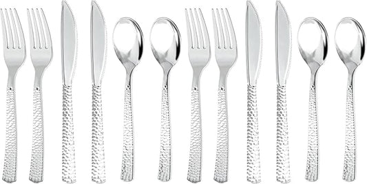 300Pieces Silver Plastic Silverware - Hammered Disposable Utensils - Heavy Duty Plastic Cutlery Set Includes 100 Forks, 100 Spoons, 100 Knives for Dinner Parties Weddings (Pack of 2)