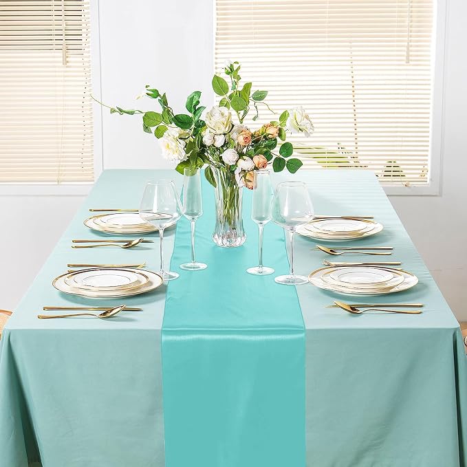 SI Pack of 10 Wedding 12 x 108 inch Satin Table Runner for Wedding, Decorations for Graduations, Engagements, Birthday Parties, Banquets, Runners fit Rectangle, Round Table - Aqua - Image 4