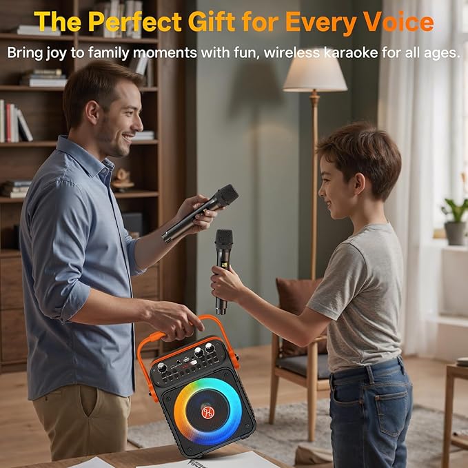 Karaoke Machine, Portable Bluetooth Karaoke Speaker with 2 Wireless Microphones for Adults, PA System with Echo Adjustment, LED Lights, Supports USB/TF/REC/FM/AUX, for Home Party, Outdoor