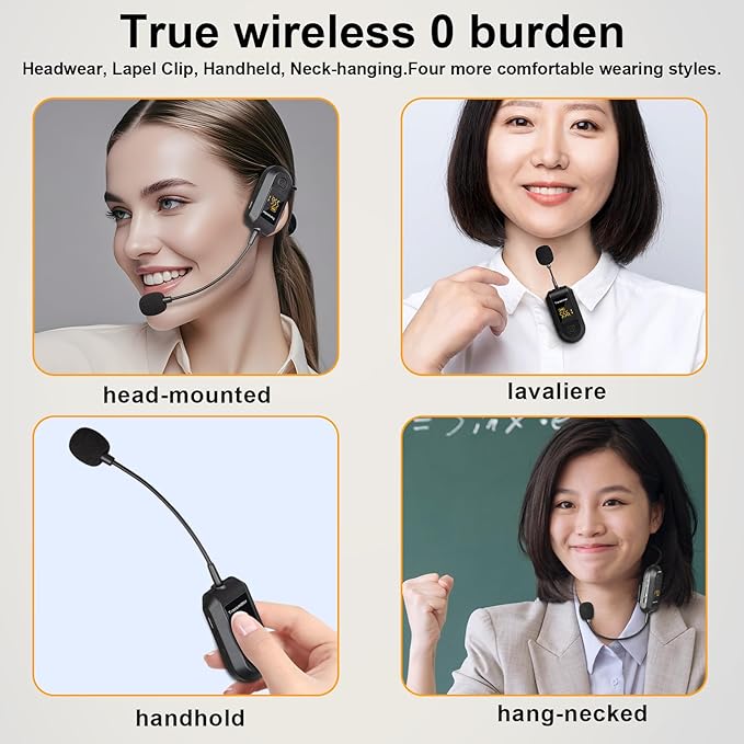 Depusheng 2.4G Wireless Microphone Headset,Lavalier and Handheld Mic 160ft Range,with 1/8''&1/4'' Plug for PA System,Voice Amplifier (One lavalier Microphone)