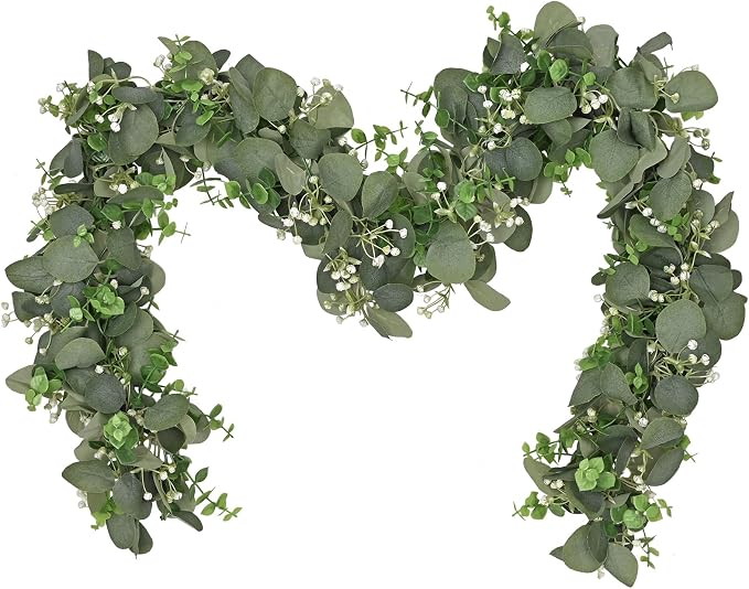 Dolicer 2 Packs 6FT Artificial Eucalyptus Garland Faux Greenery Garland | Fake Vines Hanging Silver Dollar Eucalyptus Leaves with White Seed for Wedding Backdrop Arch Table Wall Party Home Decor by DolicerLANDSCAPEQ