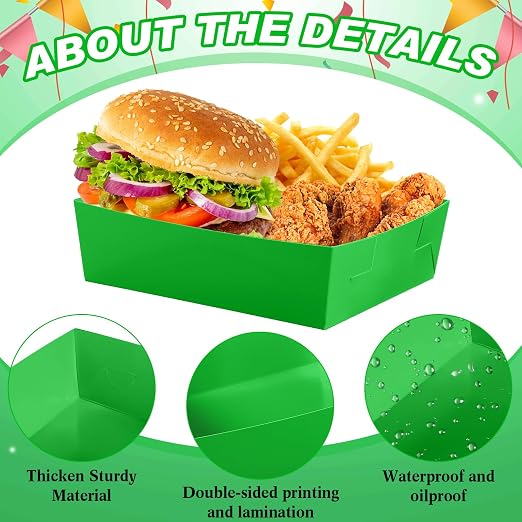 Uiifan 50 Pcs 5 lb Extra Large Paper Food Trays Disposable Food Boat Nacho Plate Serving Snack Trays Grease Resistant Self-assembly for Back to School Party Birthday Wedding Supply (Green) - Image 4