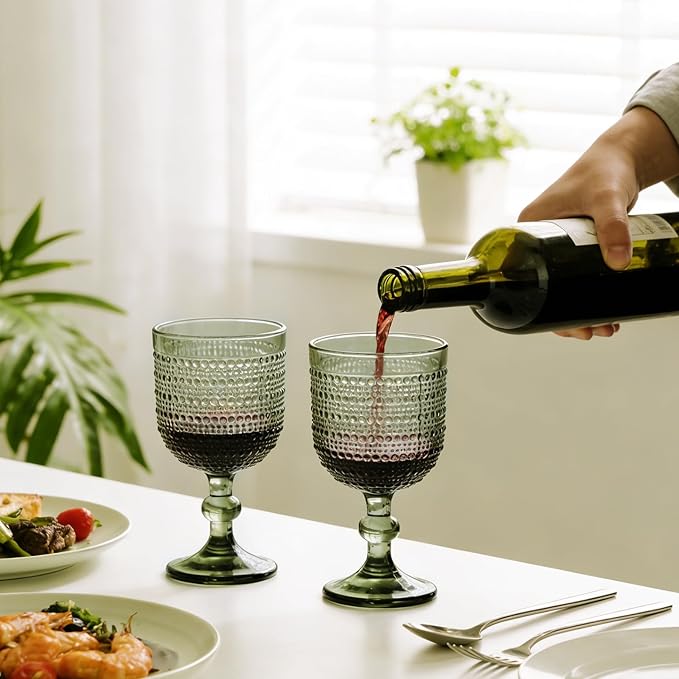 Green Wine Glasses Set of 4, 12oz Vintage Goblet Glasses, Embossed Glass Cups Hobnail Glassware for Weddings, Dinners, and Holiday Gifting