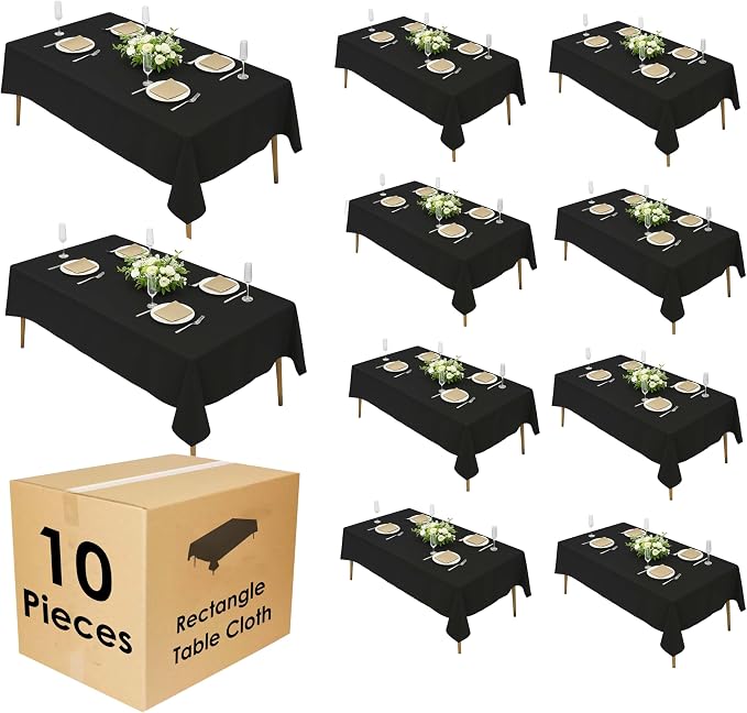 10 Pack 60 x 102 Inch Black Rectangle Tablecloth, Polyester Fabric Washable Table Cloth for Home, Party, Wedding or Restaurant Use by CraftAndParty