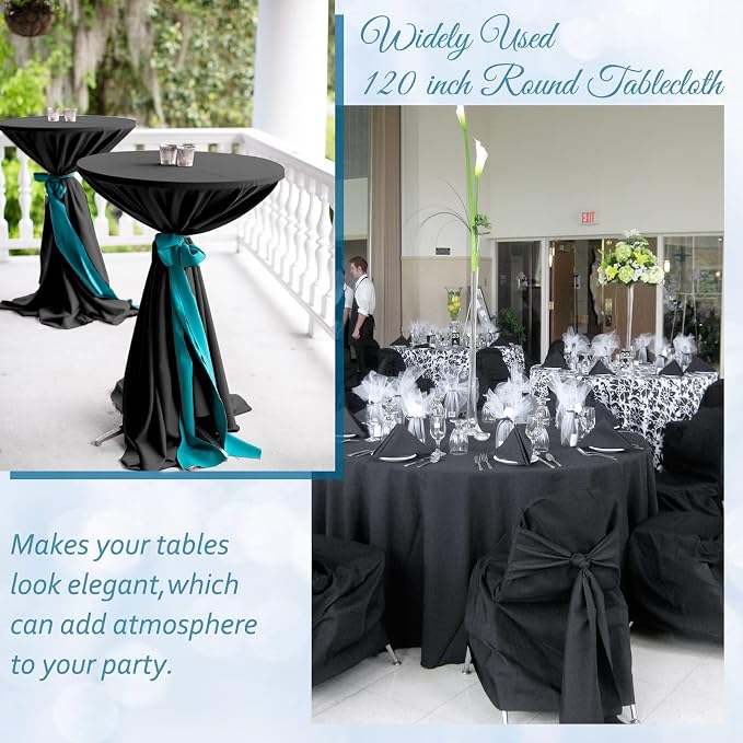 fani 8 Packs Black Round Tablecloth - 120 Inch, Polyester | Table Cloth for Round Tables, Washable Fabric, TableCovers for Wedding, Party, Banquet, Dining Tables, Camping - Image 6