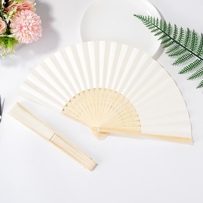 50pcs Cream-Coloured Paper Hand Fan Bamboo Folding fan Handheld Paper Fan | Paper Folded Fan for Wedding Party and Home Decoration - Image 4