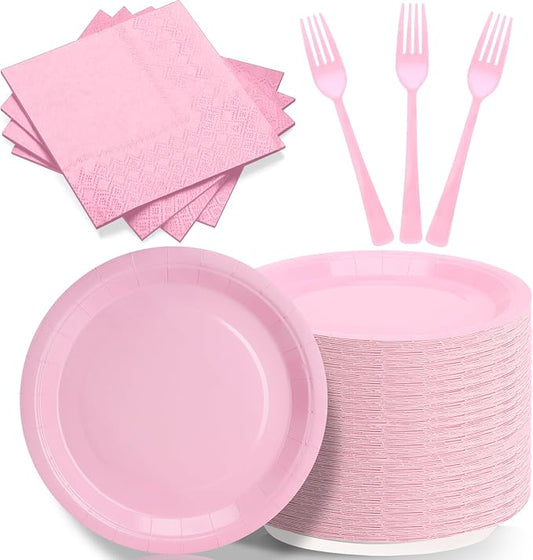 Light Pink Party Plates and Napkins, Include 7’’ Disposable Paper Dessert Plates Napkins Forks Party Supplies for Baby Shower, Wedding, Birthday Party Decorations for Serves 50 by CENLBJ