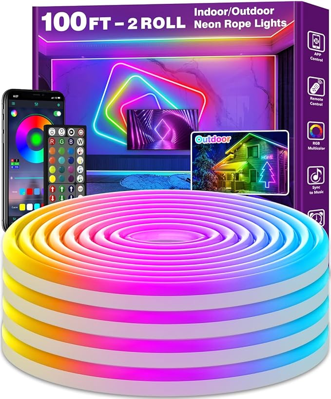 AILBTON 100 Ft Neon Rope Lights,Flexible Led Rope Lights Control with App/Remote,Multiple Modes RopeLights,IP65 Outdoor RGB Led Neon Lights NonWater Resistant,Music Sync Gaming Led NeonLight Strip