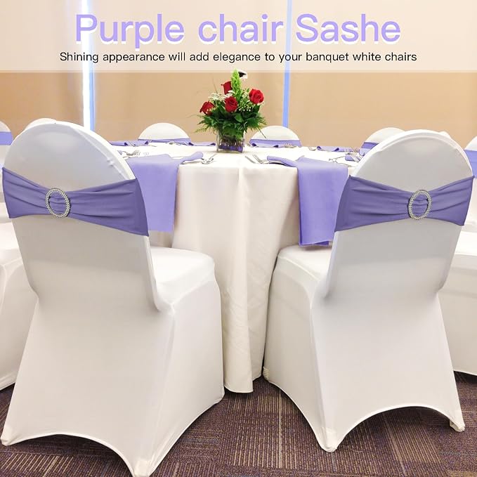WJWHQ 100PCS Spandex Stretch Chair Sashes Bows Elastic Chair Cover Bands Ties with Buckle Slider for Wedding Party Reception Events Universal Ceremony Banquet Decorations(Light Purple) - Image 6