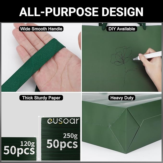 EUSOAR Paper Gift Bags with Handles, 50pcs 9.8"x5.1"x12.6" Green Kraft Gift Wrap Bags, Merchandise Business Retail Grocery Shopping Wrapping Wedding Christmas Party Favor Thank You Gift Bags Sacks - Image 3