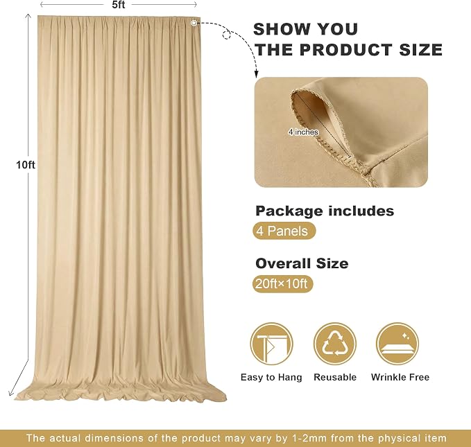 20x10ft Champagne Backdrop Curtains for Parties, 4 Panels 5x10ft Wrinkle-Free Polyester Background Curtains for Wedding, Birthday, Baby Shower,Graduation, Decorations - Image 4