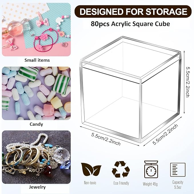 Tuanse 80 Pcs Clear Acrylic Box with Lid Square Mini Candy Containers | Mini Acrylic Display for Jewelry, Pills, Toys, Party Favors, 2.2 Inch Cube Design, Ideal for Gifts and Organizing Items - Image 2