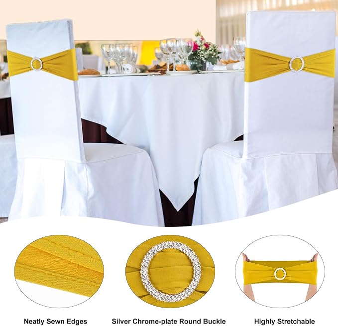 Gold Chair Sashes 25 Pack Spandex Stretch Chair Band Sashes with Buckles for Folding Chairs Wedding Party Reception Baby Shower Events Banquet Decorations - Image 3