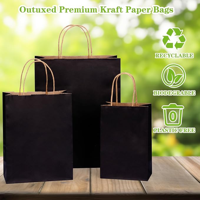 OUTUXED 120pcs Paper Bags with Handles Assorted Sizes Kraft Black Paper Gift Bags Bulk 3 Mixed Sizes for Retail, Party, Birthday, Gift, Shopping, Business, Merchandise - Image 3