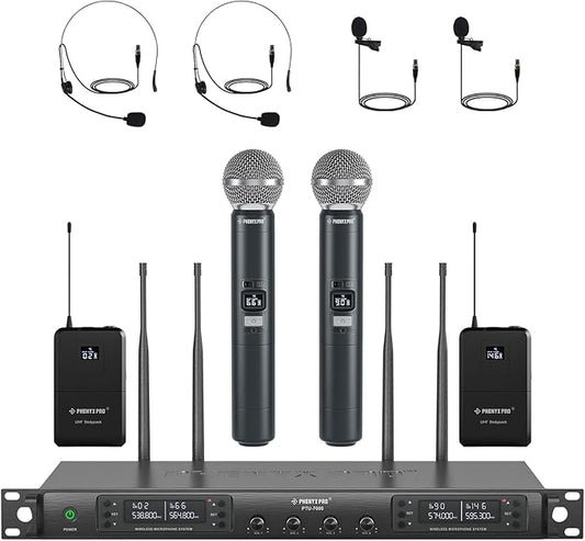 Phenyx Pro 4-Channel Wireless Microphone System w/Auto Scan, 4x40 UHF Frequencies, 2 Handheld Dynamic Mics, 2 Bodypacks & Headsets/Lapel Microphones for Singing, DJ, Church (PTU-7000-2H2B)