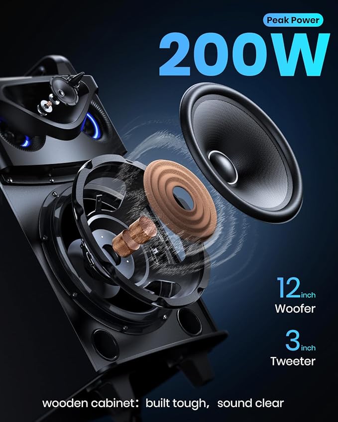 Moukey Karaoke Machine, 12" Woofer PA System, Portable Bluetooth Speaker with 2 Wireless Microphones, Party Lights and Echo/Treble/Bass Adjustment, Supports TWS/REC/AUX IN/MP3/USB/TF/FM - MTs12-1