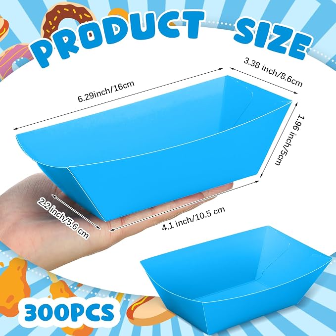Uiifan 200 Pcs Paper Food Boats Disposable Paper Food Tray Grease Resistant Disposable Serving Tray Cardboard Hot Dog Holder for Burgers Fries Sandwiches Picnic Party (Blue) - Image 2