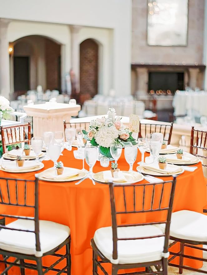 fani 8 Packs Orange Round Tablecloth - 120 Inch, Polyester | Table Cloth for Round Tables, Washable Fabric, TableCovers for Wedding, Party, Banquet, Dining Tables, Camping - Image 4