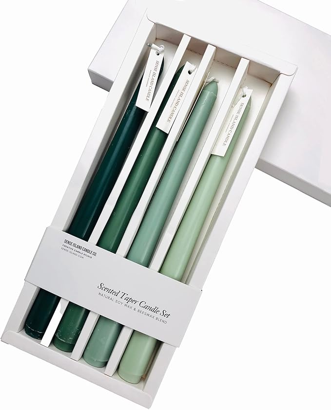 Christmas Green Taper Candles 10'' Non-Toxic Green Shades Ombre Colored Candle Sticks Set of 4 | Natural Soy Candlesticks Colorful Decor Centerpiece Amber Sandalwood Scented