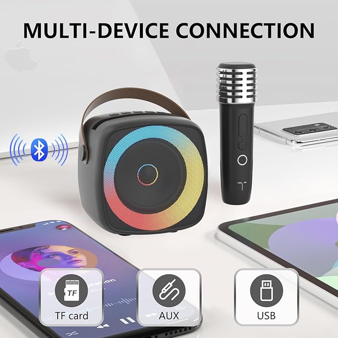 Karaoke Machine 2 Microphones for Home Party with Phone Holder, Wireless Portable Bluetooth Speaker with Dynamic Lights for Kids Adults Mini Voice Changer Mic Speaker Set for Christmas Girls