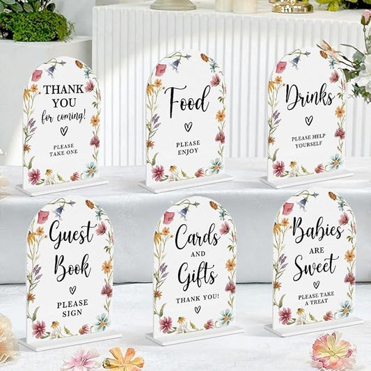 6 Pcs Baby in Bloom Shower Decorations, Baby Shower Sign, Newborn Gifts, Cards and Gifts Signs, Modern Arched Acrylic Table Top Signs With Stand for Birthday Party Decorations (White Wildflower)