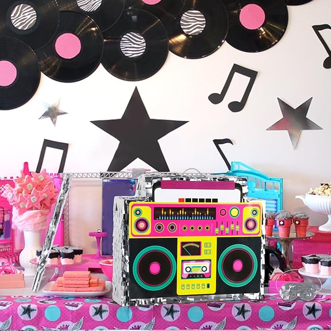 Boombox Pinata with Stick Blindfold 80s Hip Hop Mexican Pinata Game for Back to the 80s Party Large Radio Gifts 70' Theme Birthday Party Decorations Supplies