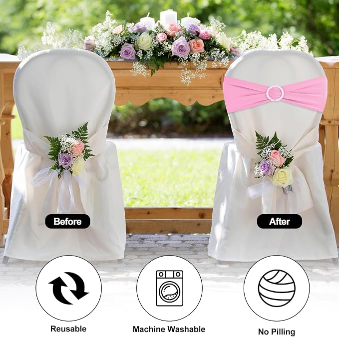 Pink Chair Sashes 25 Pack Spandex Stretch Chair Band Sashes with Buckles for Folding Chairs Wedding Party Reception Baby Shower Events Banquet Decorations - Image 4