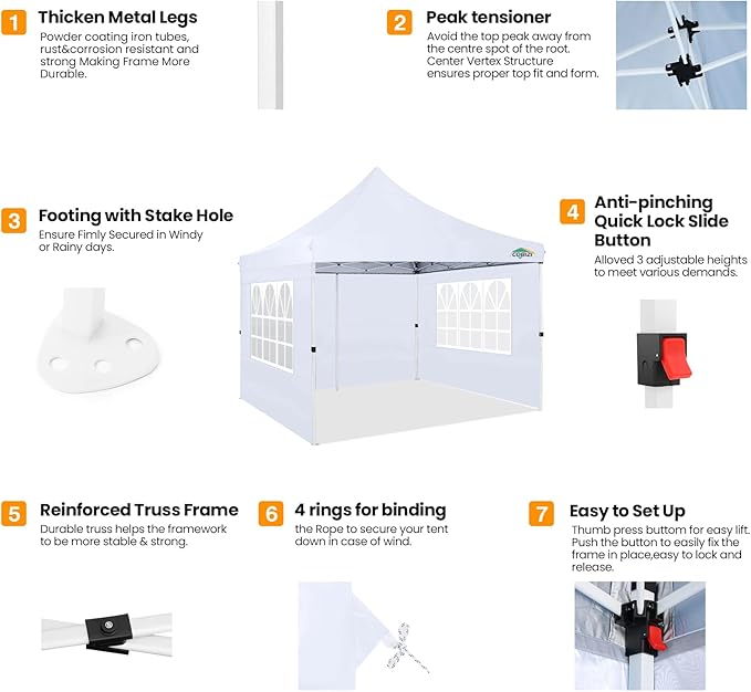 COBIZI 10x10 Pop Up Canopy with 4 Sidewalls, Canopy Tent 10x10 for Parties, Backyard, Commercial, Waterproof and Portable Instant Shelter UV50+ Outdoor Gazebo with 4 Sandbags(White)