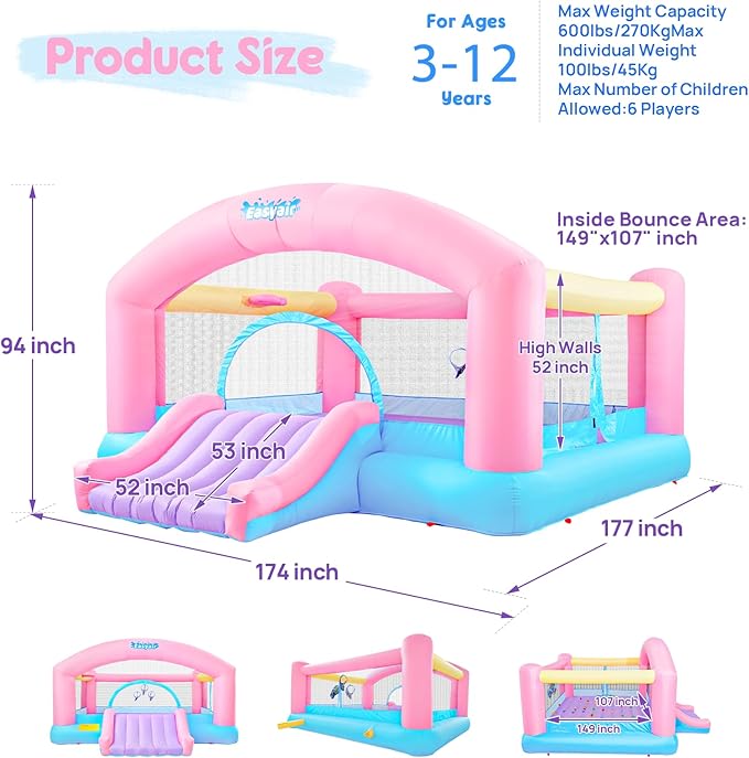 Large Bounce House for Big Kids, 14.8 x 14.5 FT Inflatable Bouncer Jumper Slide with 650W Blower, Basketball Hoop, Throw Ball Game, Ball Pits