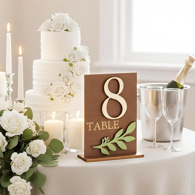 Wedding Table Numbers 1-20 with Holders, Elegant Wood Table Numbers with Eucalyptus Leaves for Wedding Reception, Centerpiece Decoration, Event, Party - Image 5