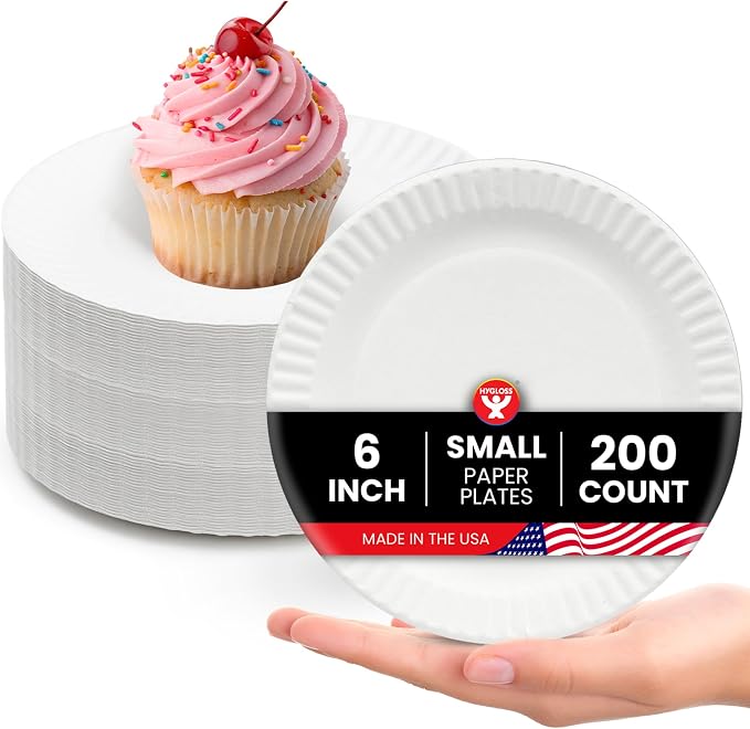 Hygloss Paper Plates 6-Inch, 200 Count, White, Uncoated, Microwave Safe | Bulk small disposable dessert plates for party, cake, appetizer, snack, foodware and crafts, environmentally friendly by HyglossProductsInc