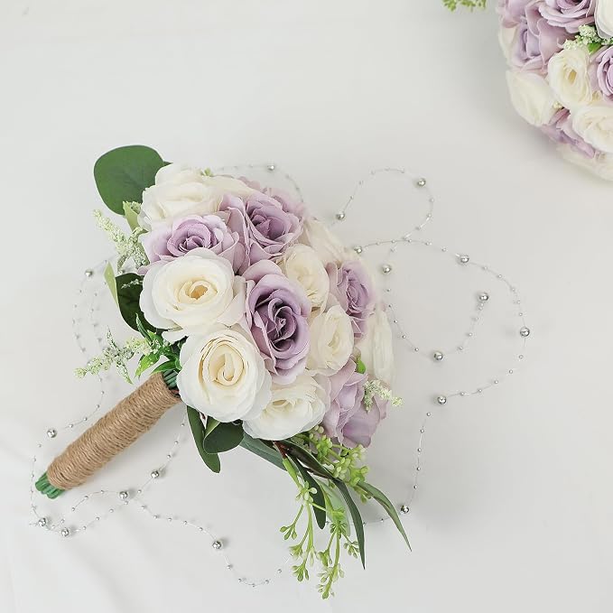 Set of 2 Bridesmaid Bouquets for Wedding - 7 Inch Artificial Ivory Flower Bouquet for Party Ceremony Anniversary Dinning Table Centerpieces Decor - Lilac and White - Image 3
