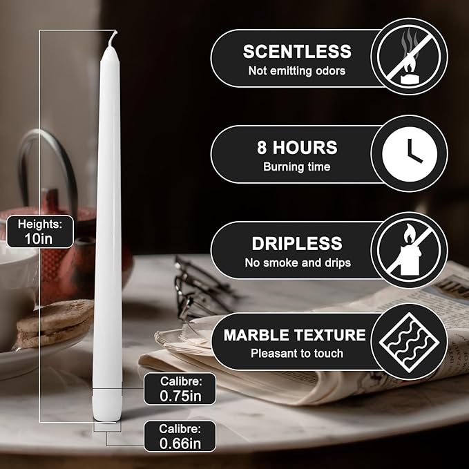 12 Pack White Taper Candles丨Taper Candles 10 Inch Dripless丨Unscented & Smokeless Candlesticks Bulk丨7-8 Hours Long Burning Tall Candles丨Ideal for Christmas Weddings Parties Dinner