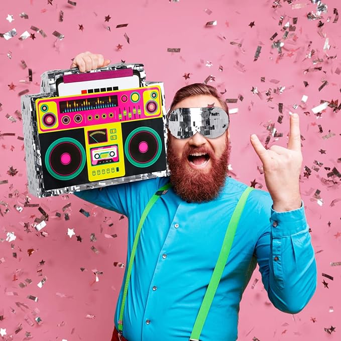Boombox Pinata with Stick Blindfold 80s Hip Hop Mexican Pinata Game for Back to the 80s Party Large Radio Gifts 70' Theme Birthday Party Decorations Supplies