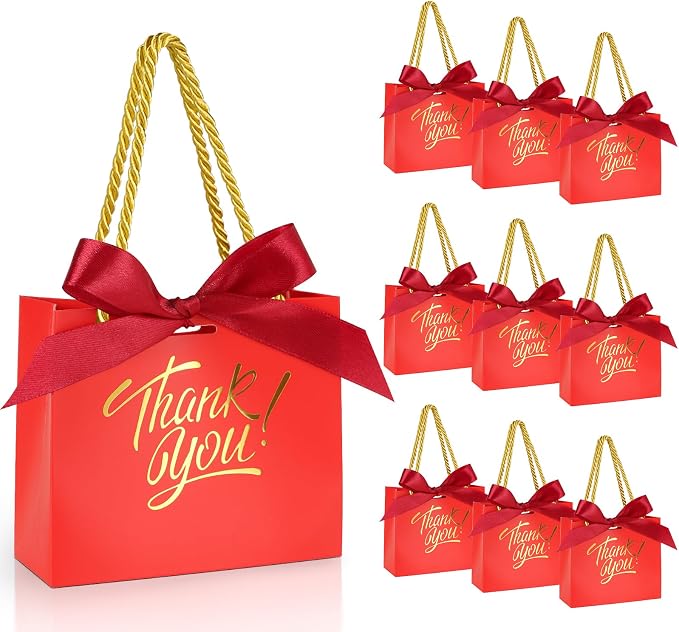 EQOREIIN 30 Pack Small Thank You Gift Bags with Handles & Ribbon, Red | 5.5 x 2.4 x 4.7 Inches Mini Gift Bags for Girls Kids Birthday Mother's Day Wedding Christmas Goodie Candy Party Favors by EQOREIIN