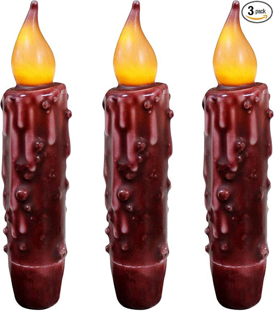 CVHOMEDECO. Real Wax Hand Dipped Battery Operated LED Timer Taper Candles Country Primitive Flameless Lights Décor, 4-3/4 Inch, Burgundy, 3 PCS in a Package