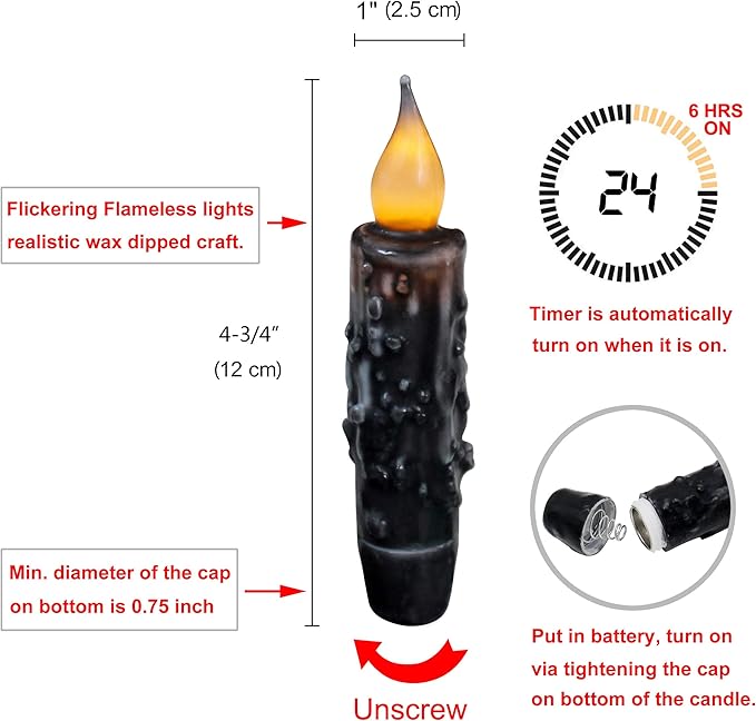CVHOMEDECO. Real Wax Hand Dipped Battery Operated LED Timer Taper Candles Country Primitive Flameless Lights Décor, 4-3/4 Inch, Matt Black, 2 PCS in a Package