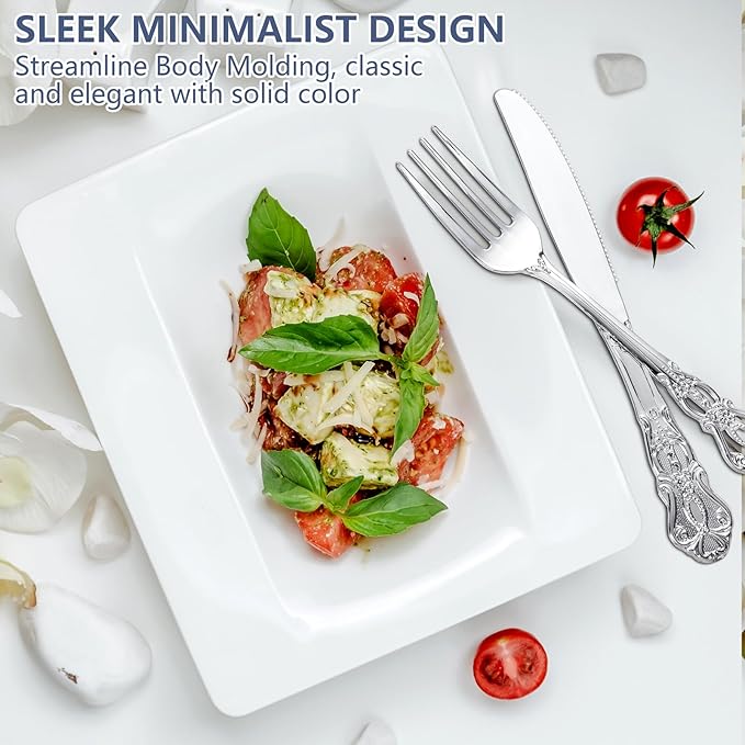 150PCS Silver Plastic Silverware - Heavy Duty Silver Disposable Cutlery - Fancy Plastic Utensils Flatware Include 50 Forks, 50 Spoons, 50 Knives for Catering, Parties, Dinners, Weddings