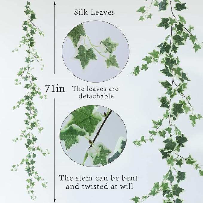 dallisten 3Strands Odorless Artificial Ivy Vines Kit, 71" Silk Ivy Garland | Fake Hanging Plants Greenery Leaves Decoration for Bedroom, Windows, Walls, Wedding, Outdoor Decor (Green White Ivy) - Image 2