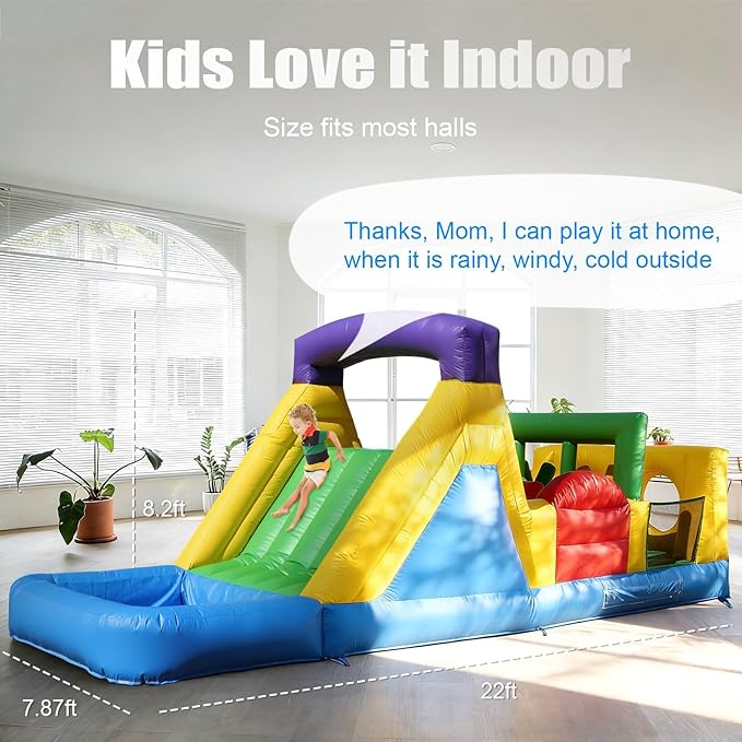 22FT Commercial Grade Bounce House for Adult, (Heavy Duty PVC) (Splash Big Water Pool) (1100W UL Blower) Inflatable Obstacle Course with Slide, Ball Pit, Large Backyard Lawn Party Game